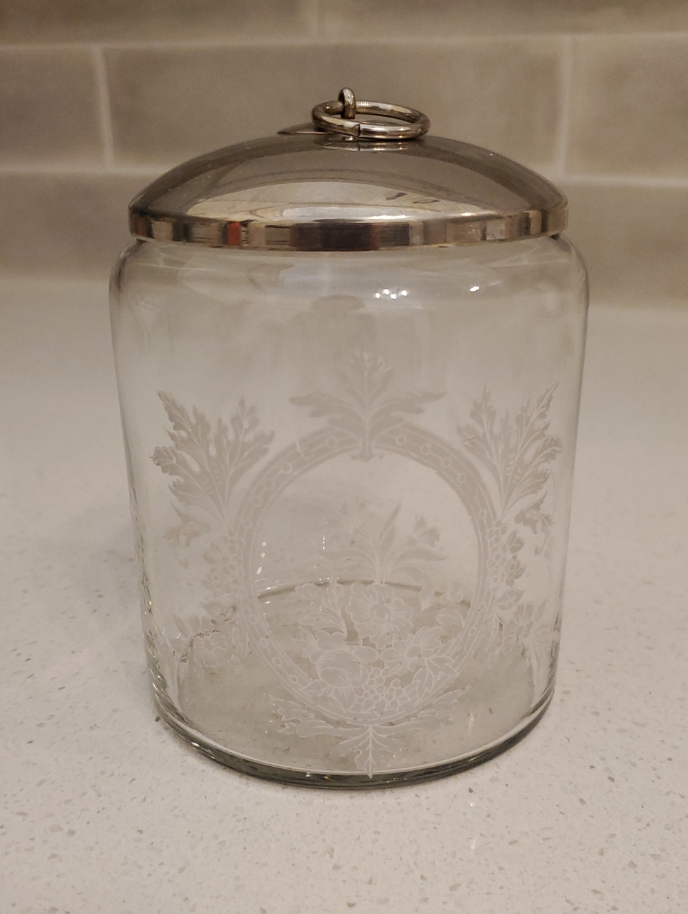 Vintage Clear Etched Glass Apothecary Jar with Sivertone Lid 4 in